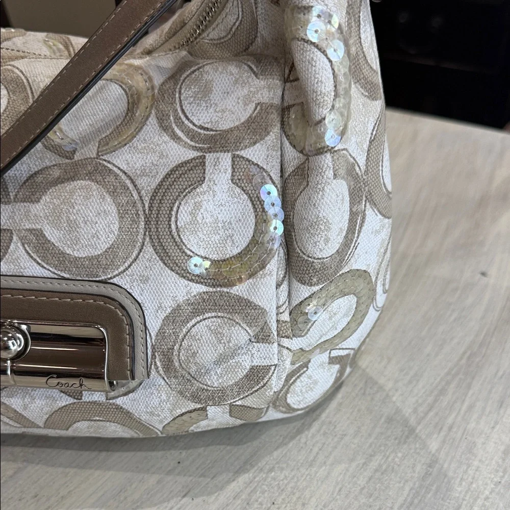 Coach Kristin Cream and Tan Signature Sequin Hobo Bag-EUC